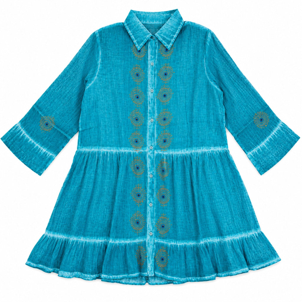 Turquoise Tunic Dress with Evil Eye Block Print for Summer Style
