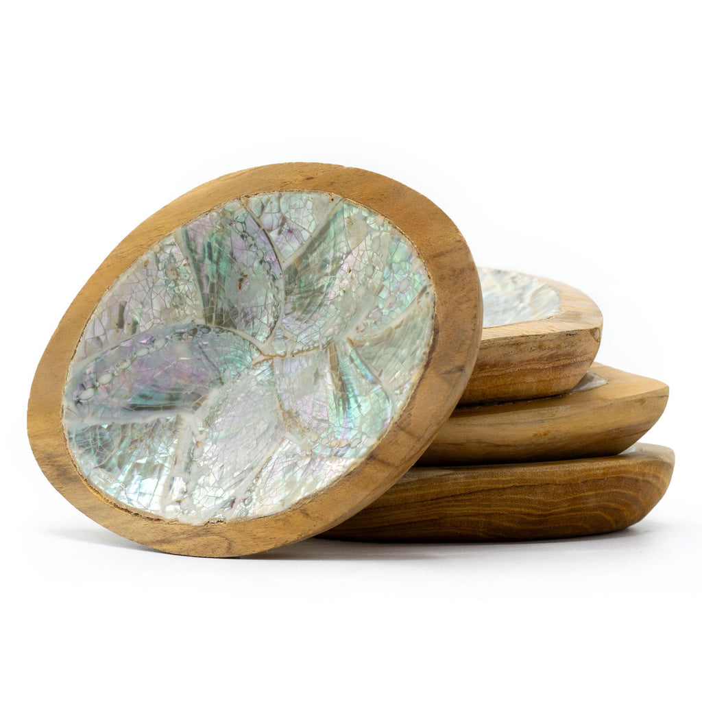 Set of 4 Teak Mini Bowls with Shell Decor for Home Display Use