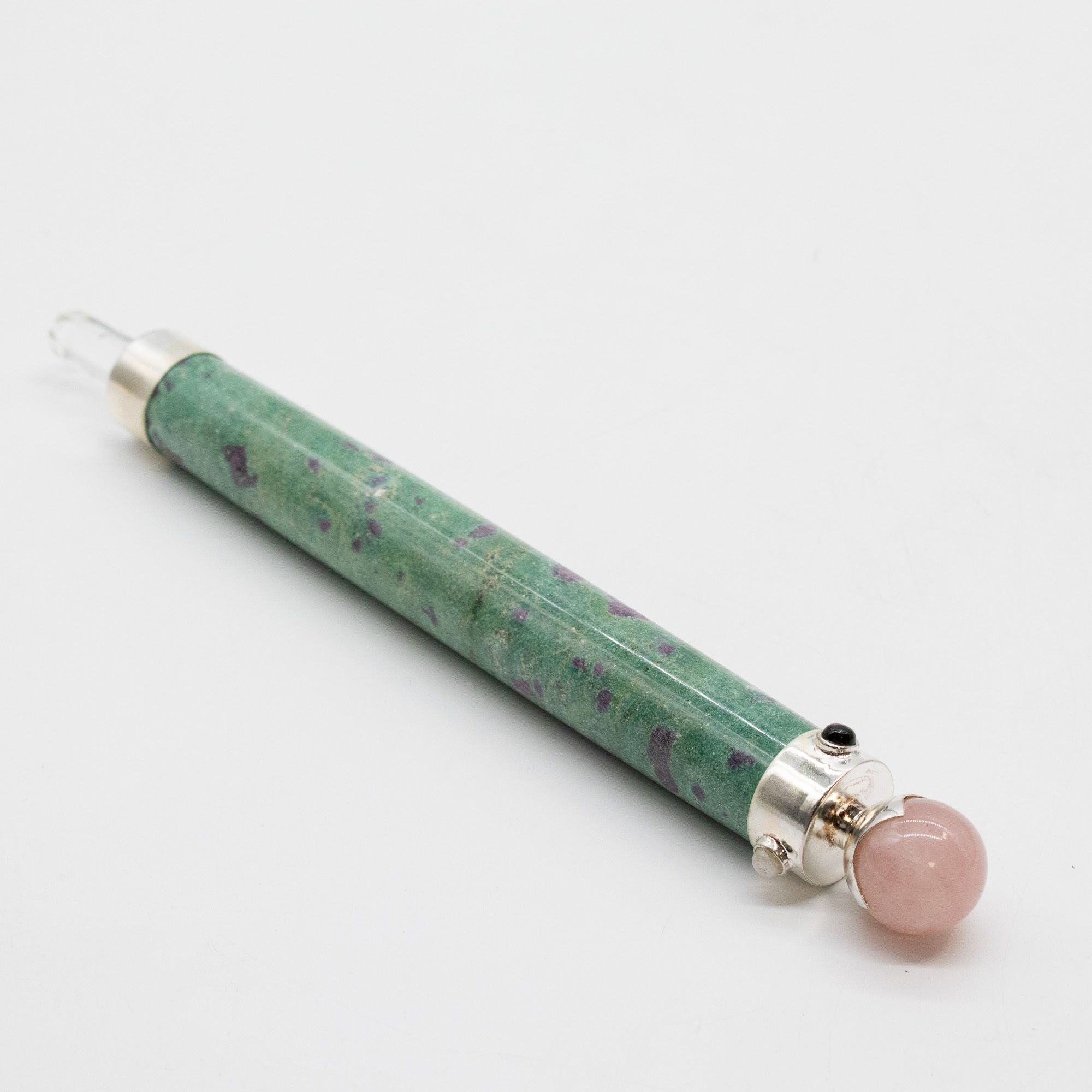 Verdant Heart Wand - Ruby Fuchsite Rose Quartz Crystal Ball top - 23cm