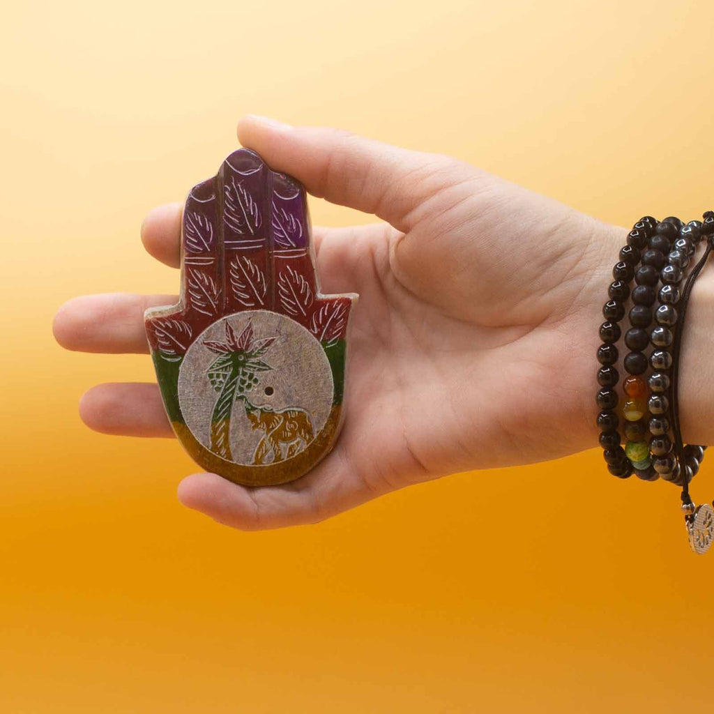 Soapstone Hamsa Incense Holder with Elephant and Palm Design
