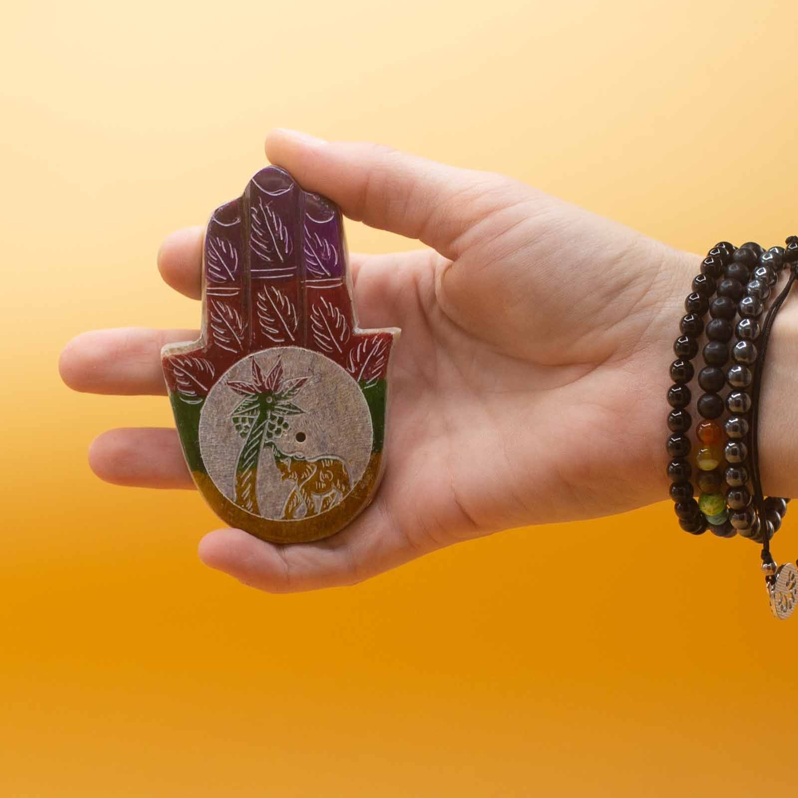 Soapstone Hamsa Incense Holder with Elephant and Palm Design