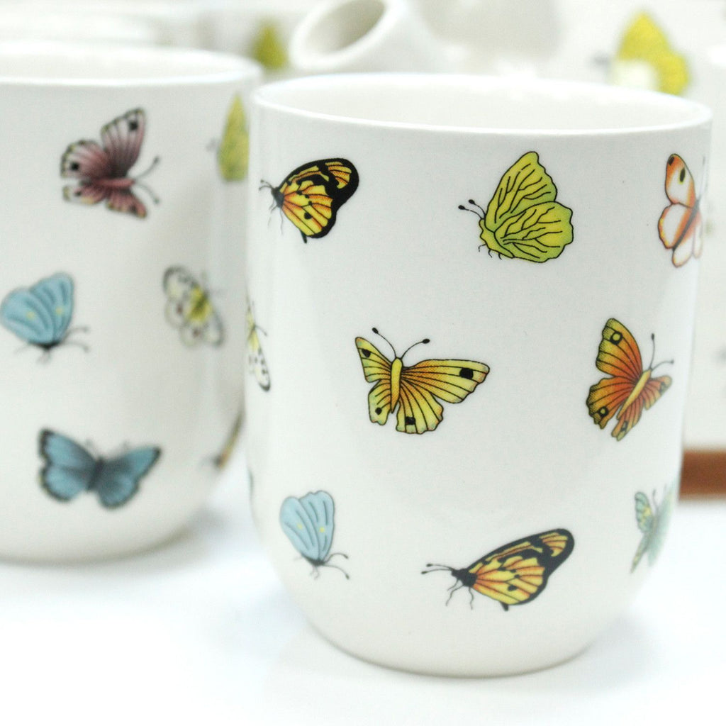 Herbal Teapot Set Butterflies with Six Matching Cups for Tea Lovers