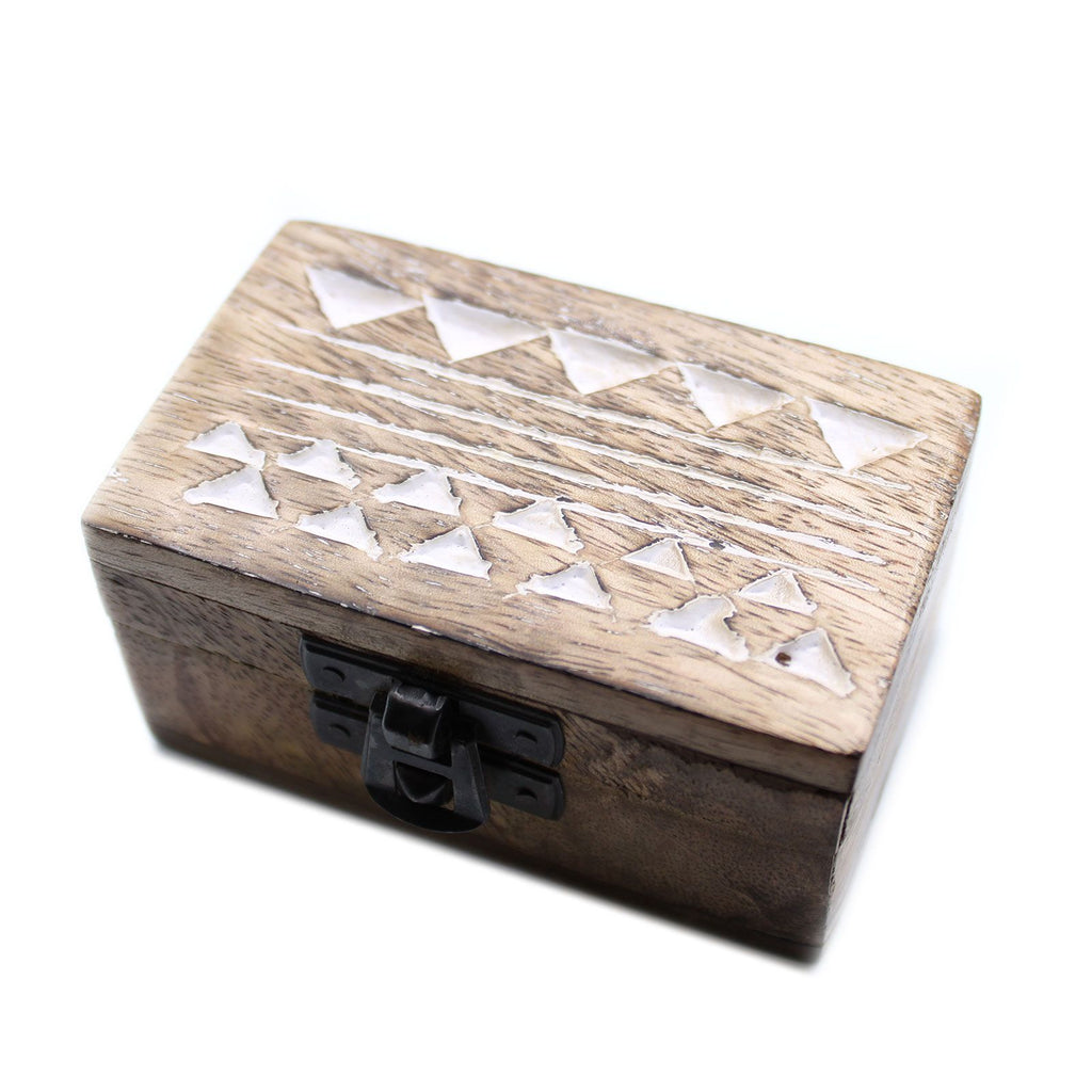 White Washed Wooden Box with Aztec Design for Stylish Storage