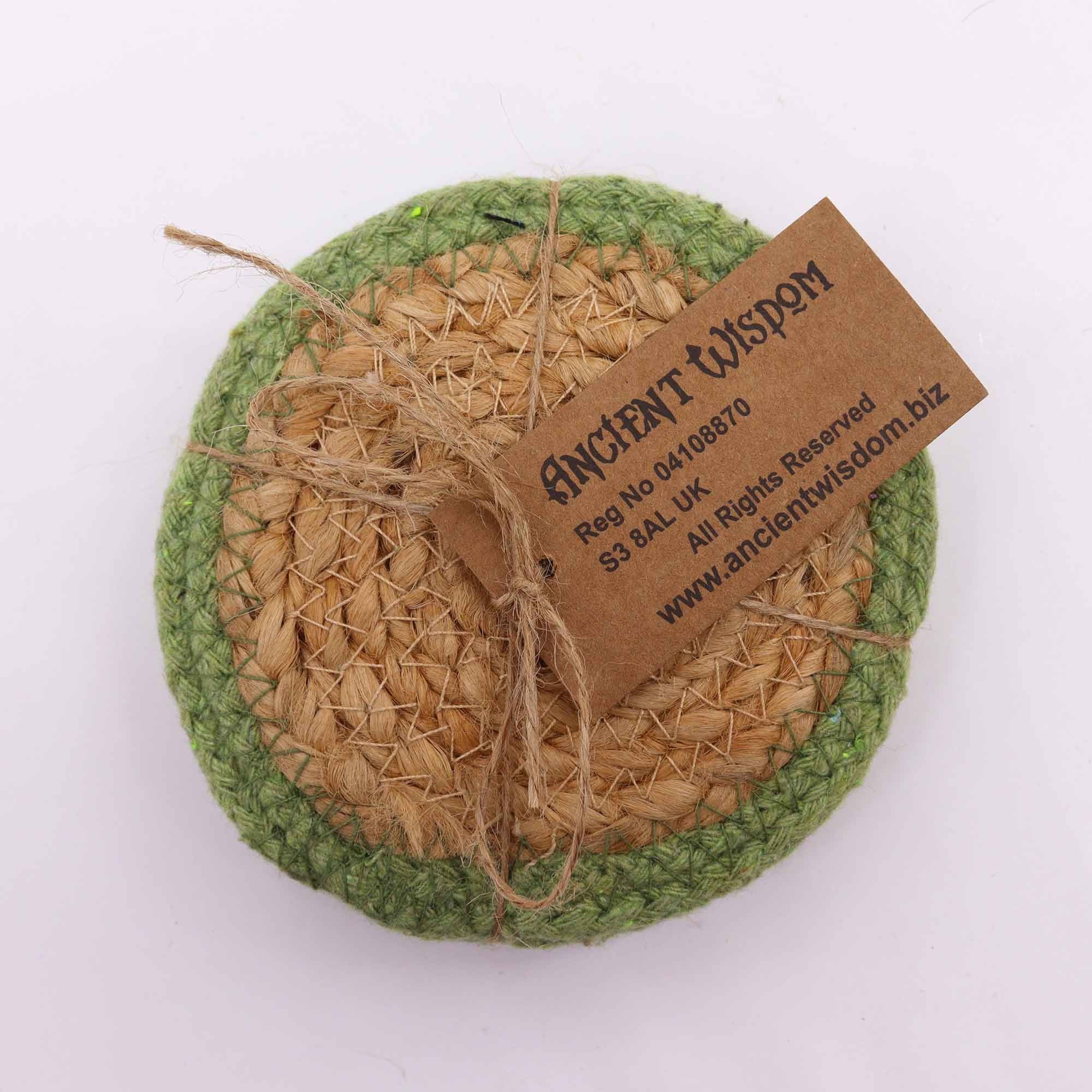 Natural Coaster Set of 4 Jute and Cotton with Olive Border Design