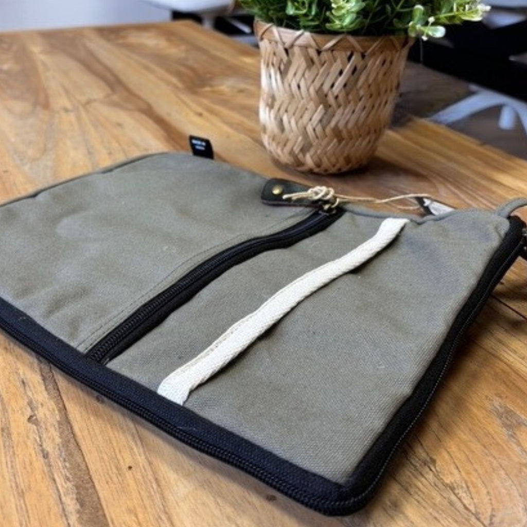Olive Canvas Tablet Pouch for Convenient Travel and Organisation