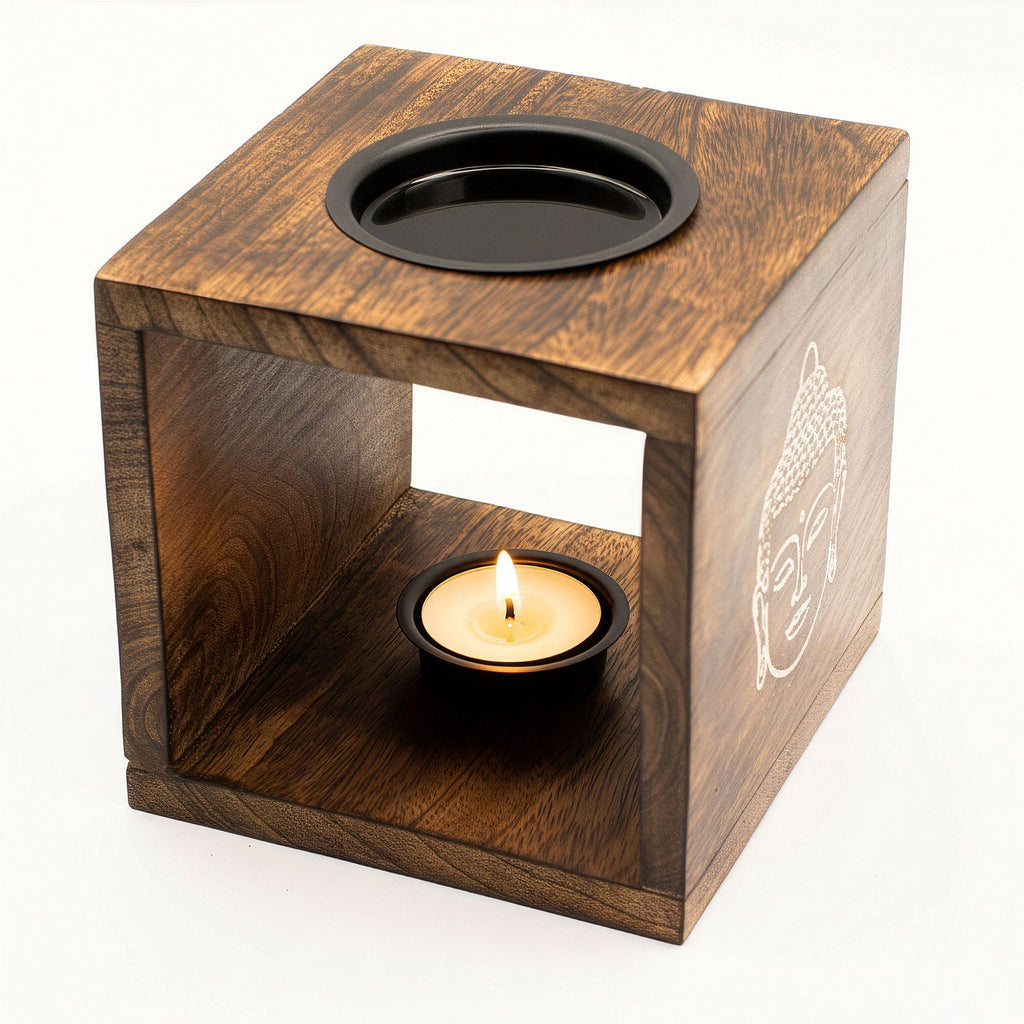 Large Square Mango Wood Oil Burner with Buddha Face Design
