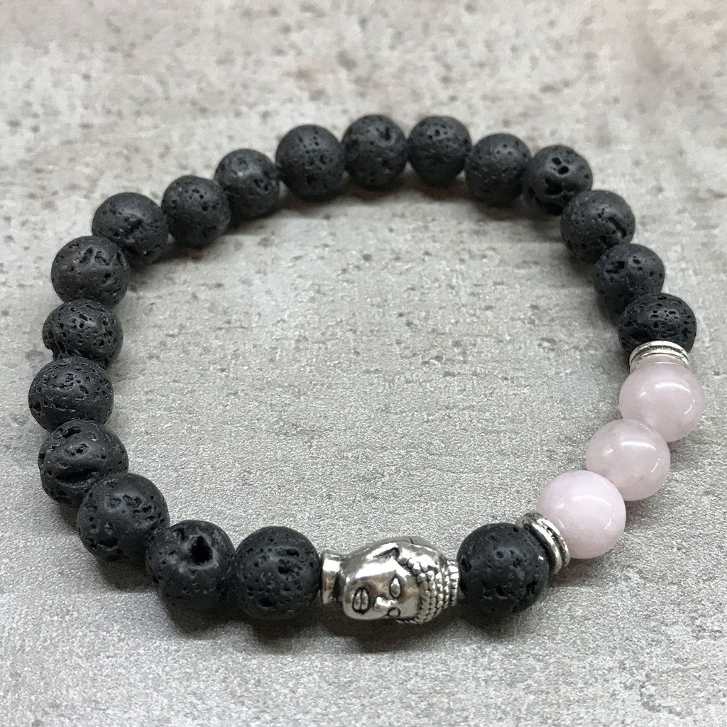 Lava Stone Bracelet with Buddha and Rose Quartz for Aromatherapy