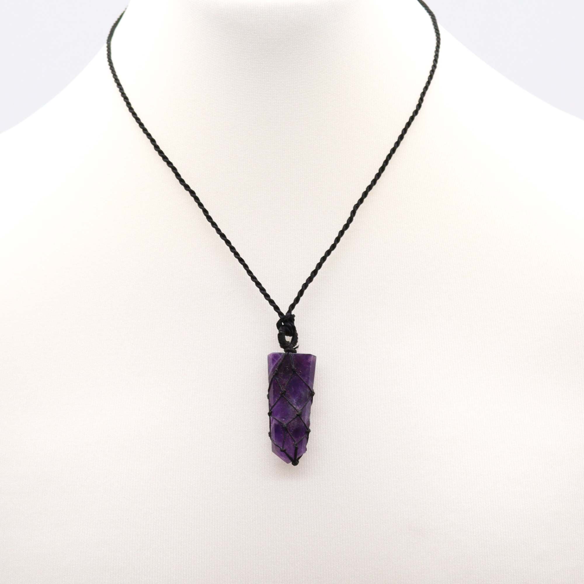 Laced Gemstone Flat Point Pendant with Amethyst Charm Design