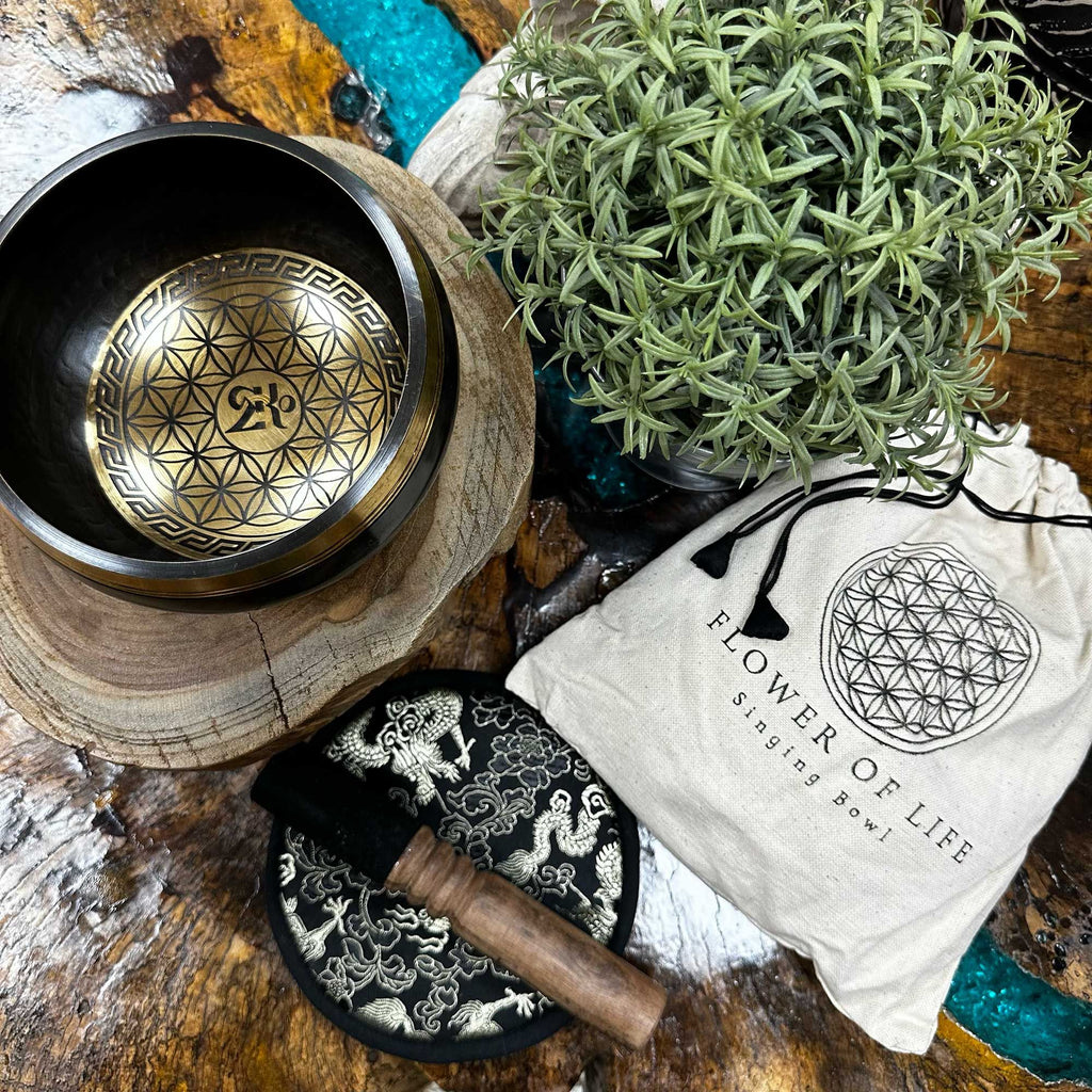 Hand Beaten Engraved Singing Bowl Gift Set with Flower of Life Design