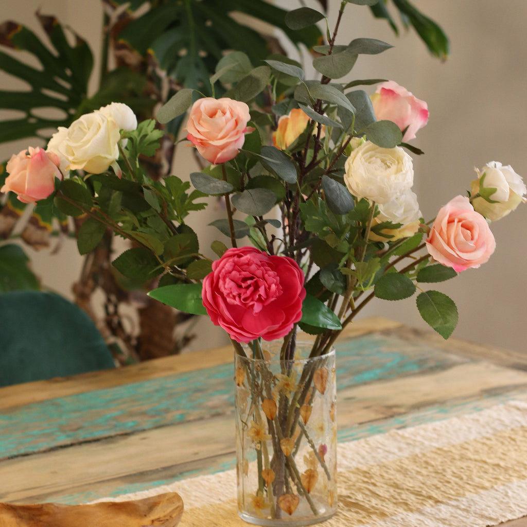 Natural Floral Glass Tall Vase Candle Holder with Dried Flowers