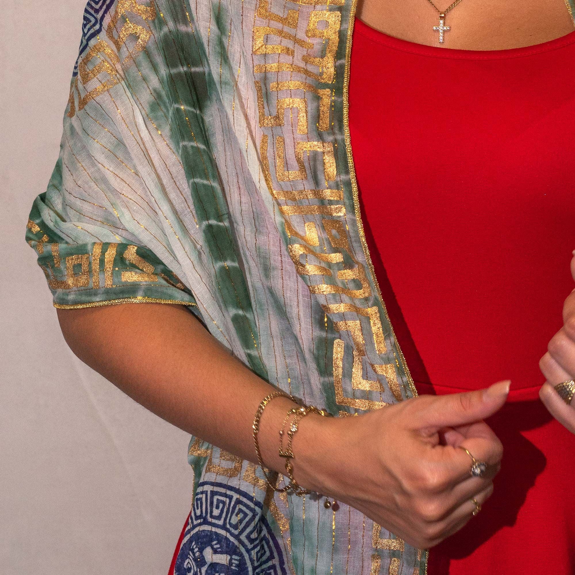 Nomad Sari Summer Marbella Print Scarf in Green and Gold Accents