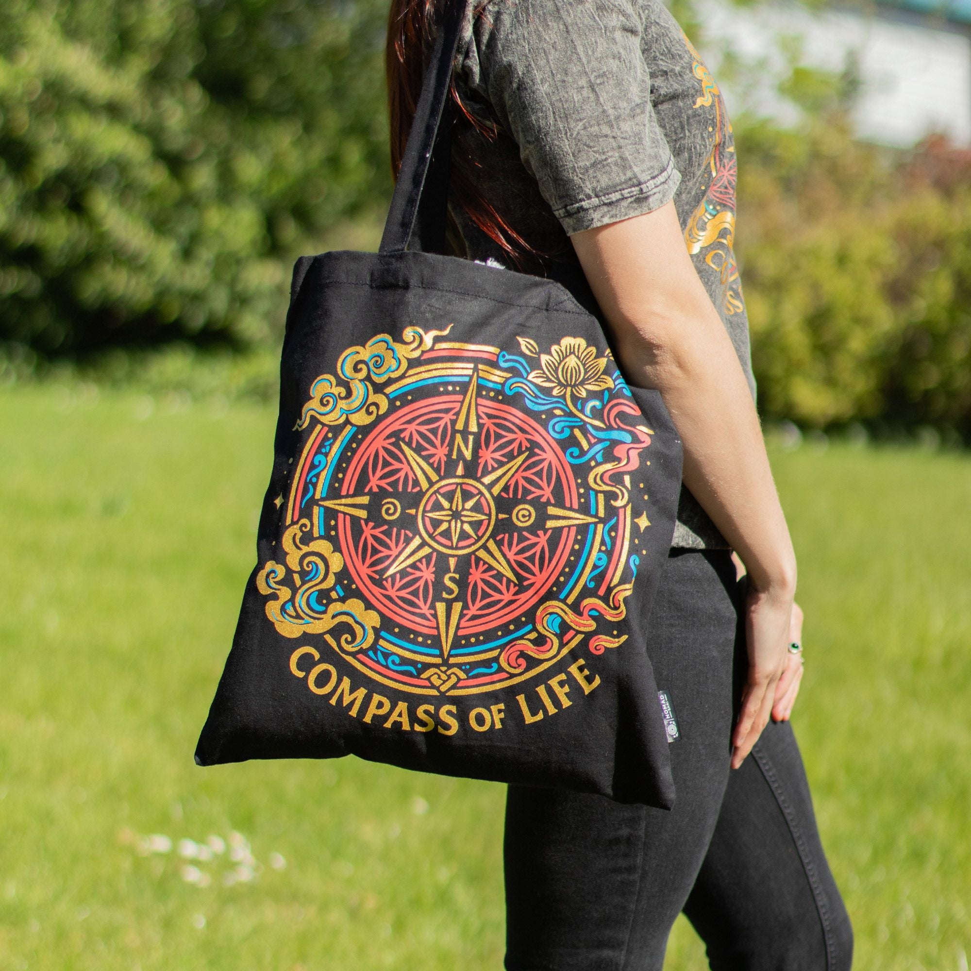 Iconic Classic Tote Bag with Compass of Life Black Cotton Design