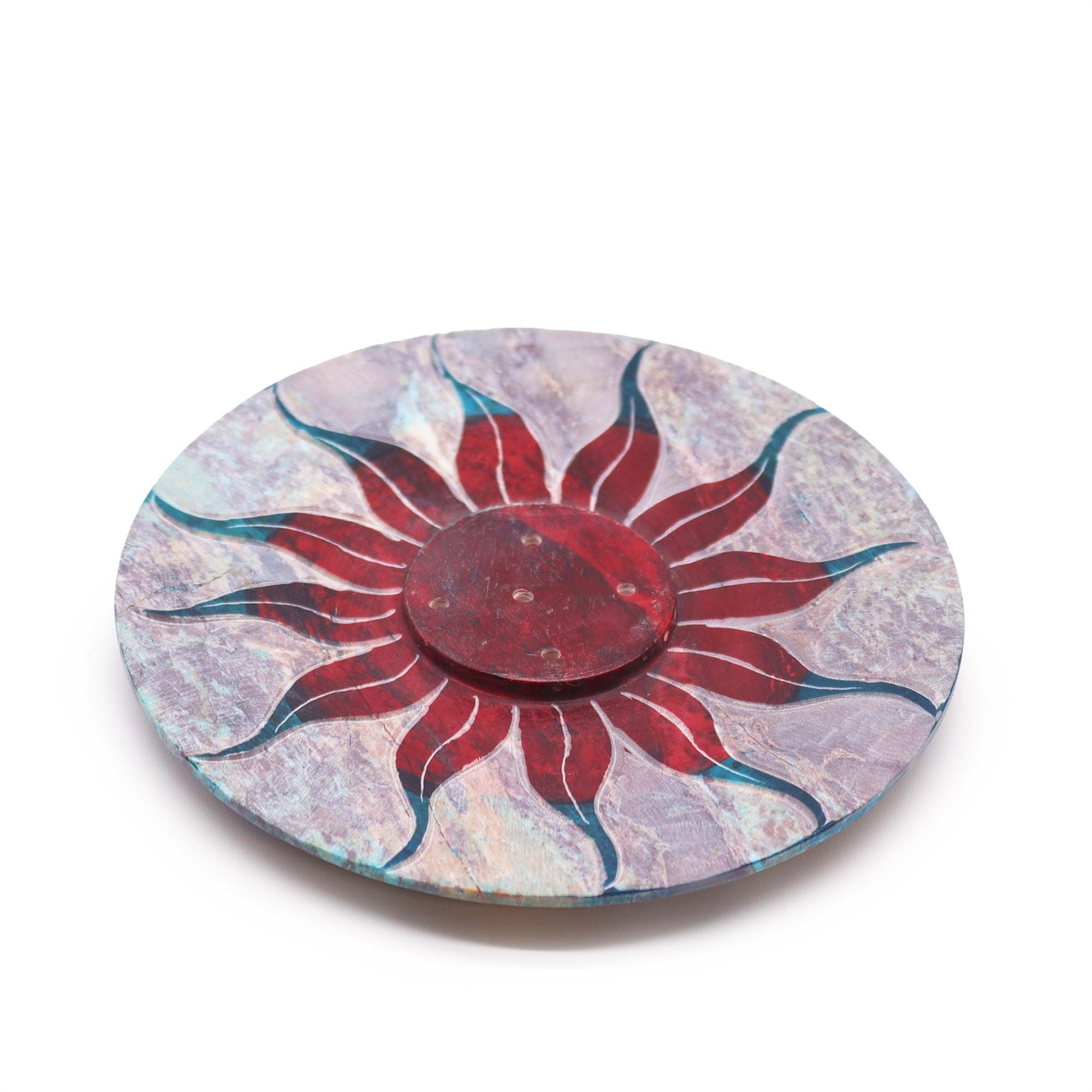 Soapstone Disc Incense Holder with Sun Flower Design for 5 Sticks