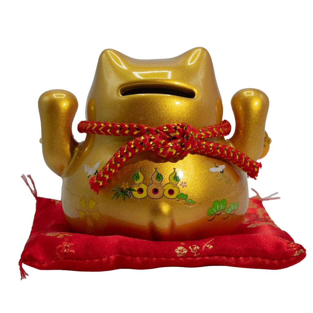 Ceramic Money Cat Bank in Gold on Cushion for Home Decor