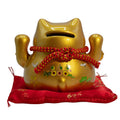 Ceramic Money Cat Bank in Gold on Cushion for Home Decor