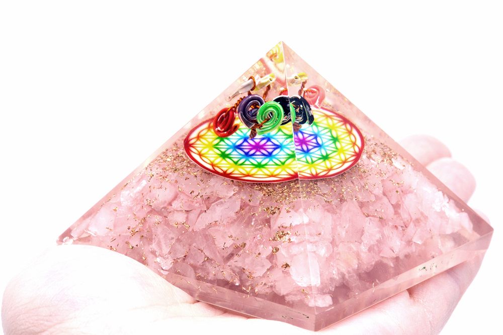 Stunning Orgonite Pyramid with Rose Quartz and Flower of Life