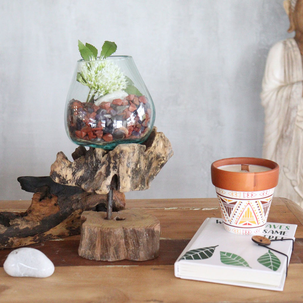 Molten Glass on Wood Large Bowl with Stand for Home Display