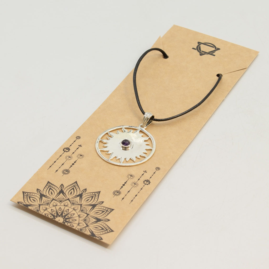Indian Devotional Pendant with Silver Plated Sun Motif and Amethyst