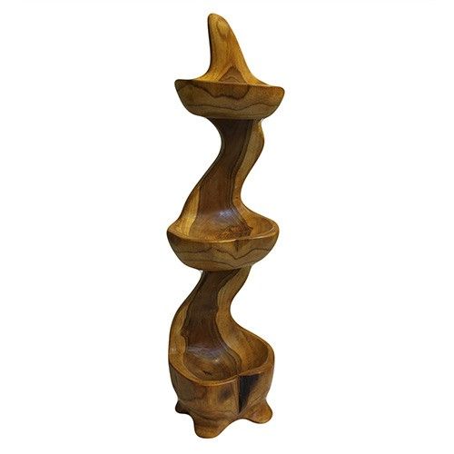 Teak Three Bowl Standing Display for Unique Home Decor Accent