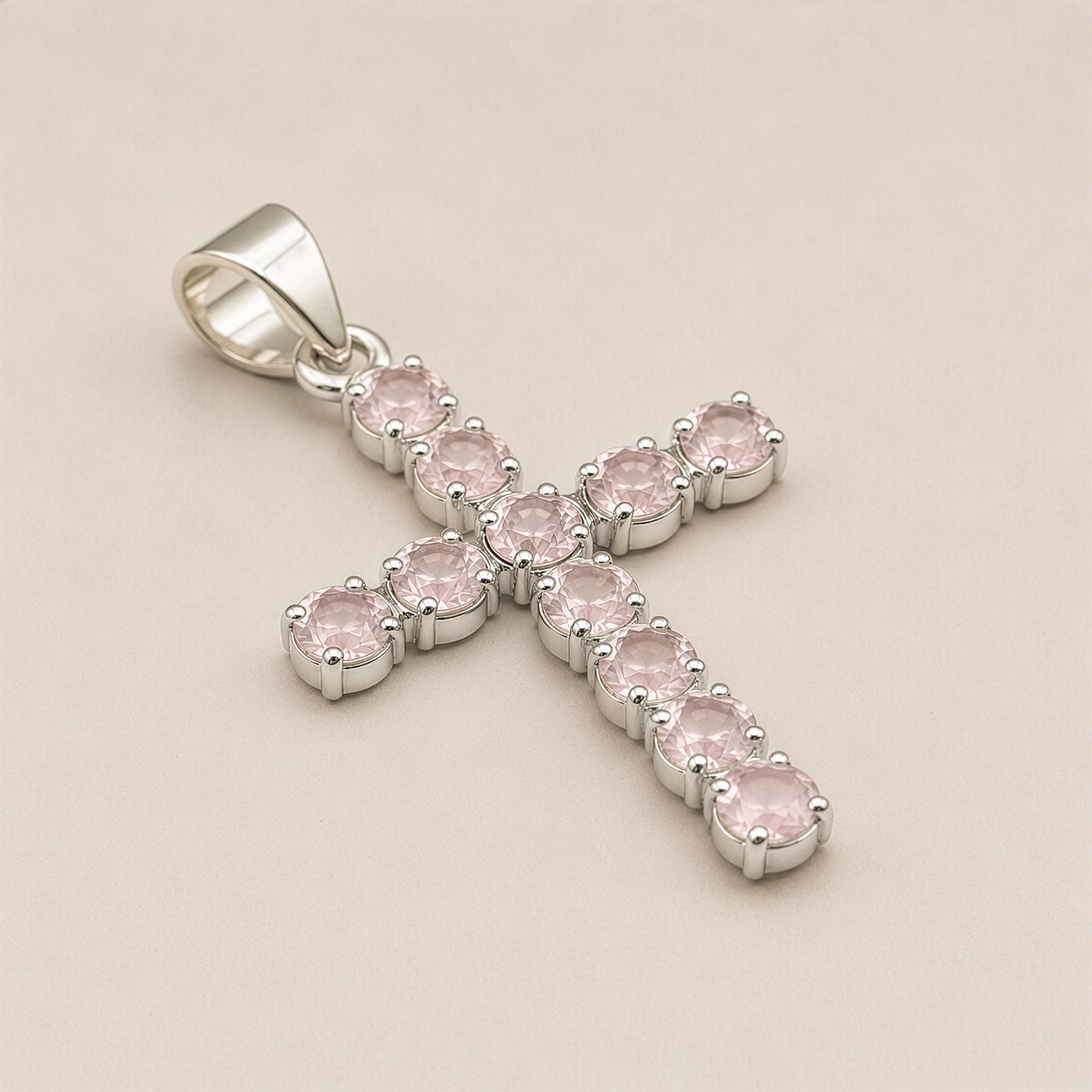 Indian Devotional Pendant - Silver Plated (45cm Chain)- Rose Quartz Crucifix