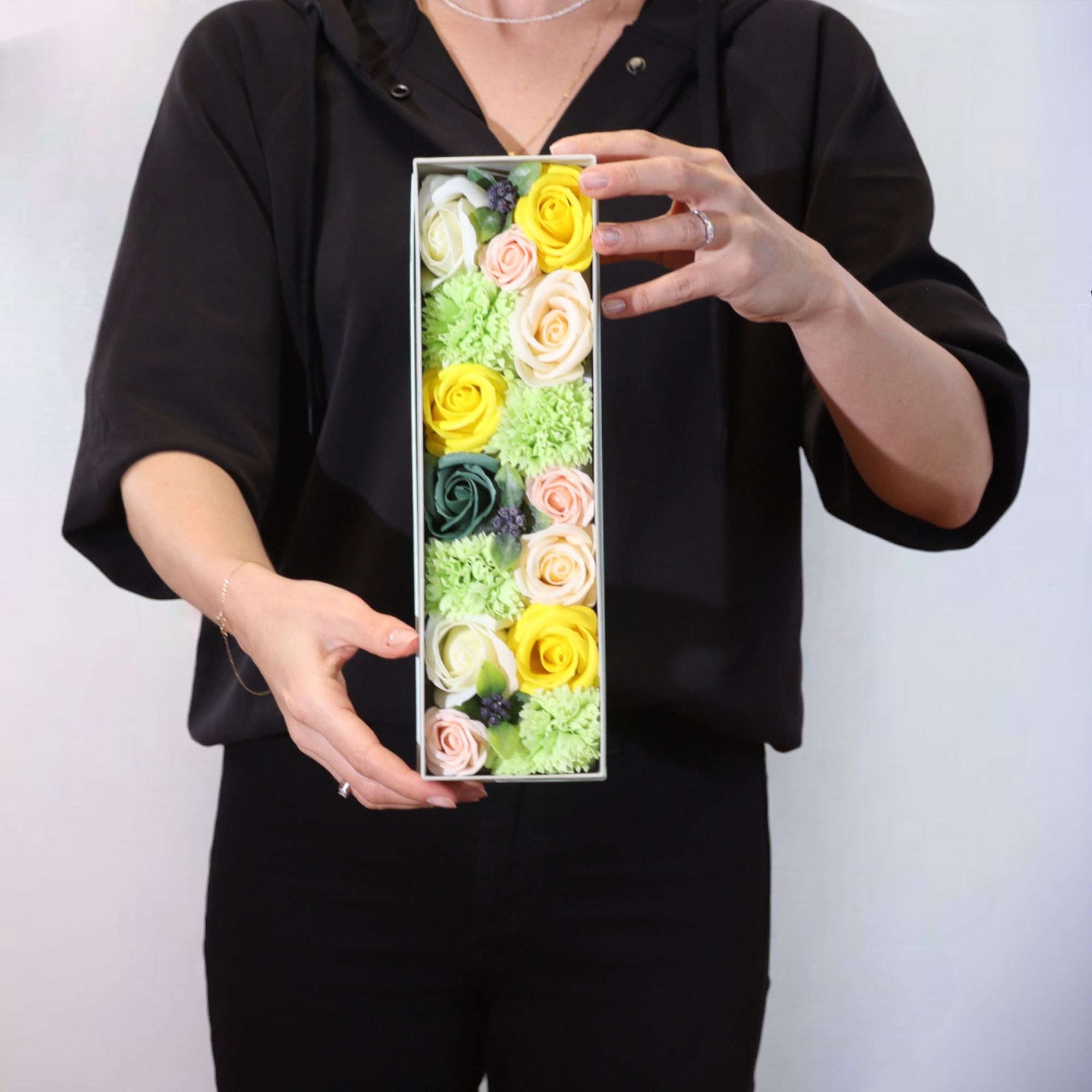 Long Box Soap Flowers for Spring Celebrations in Yellow & Greens