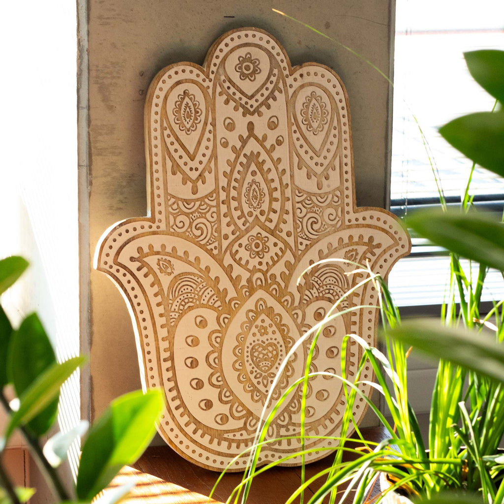 Mango Wood Hamsa Wall Plaque in Whitewash for Home Decor