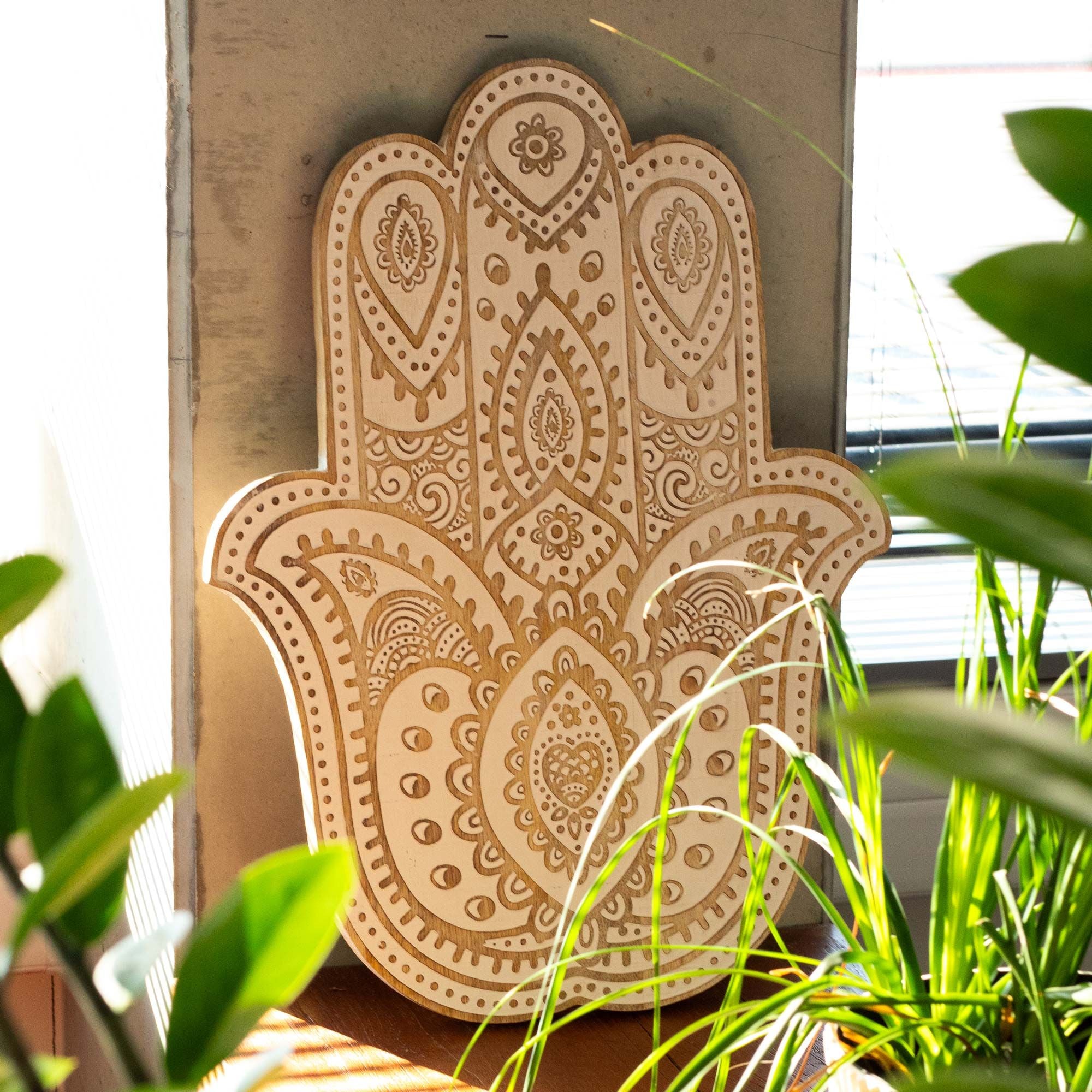 Mango Wood Hamsa Wall Plaque in Whitewash for Home Decor
