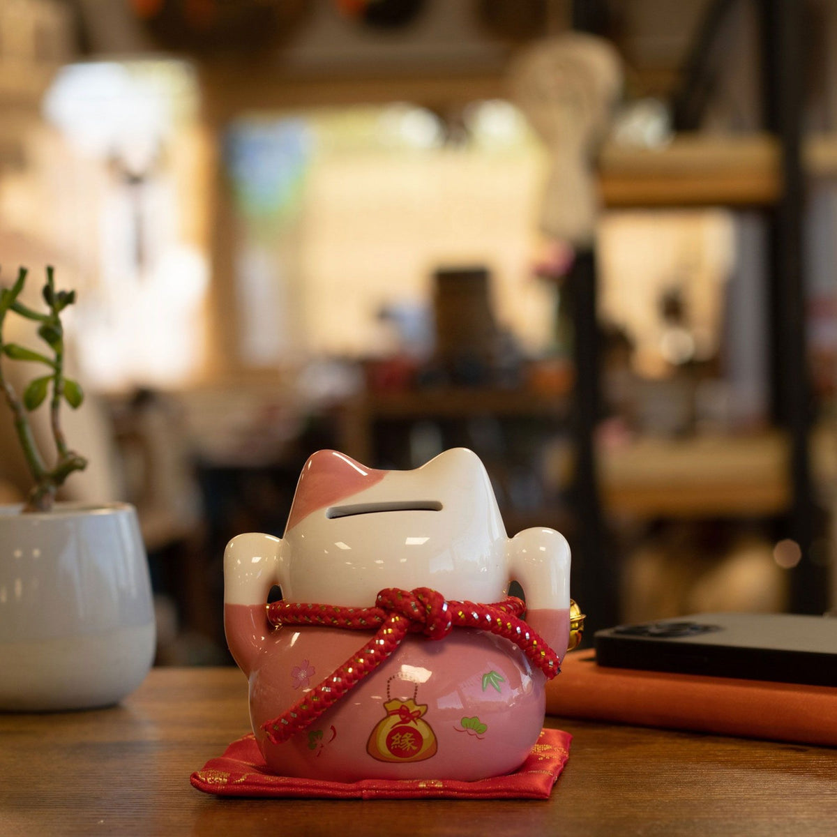 Japanese Lucky Cat Ceramic Money Box on Cushion – Pink