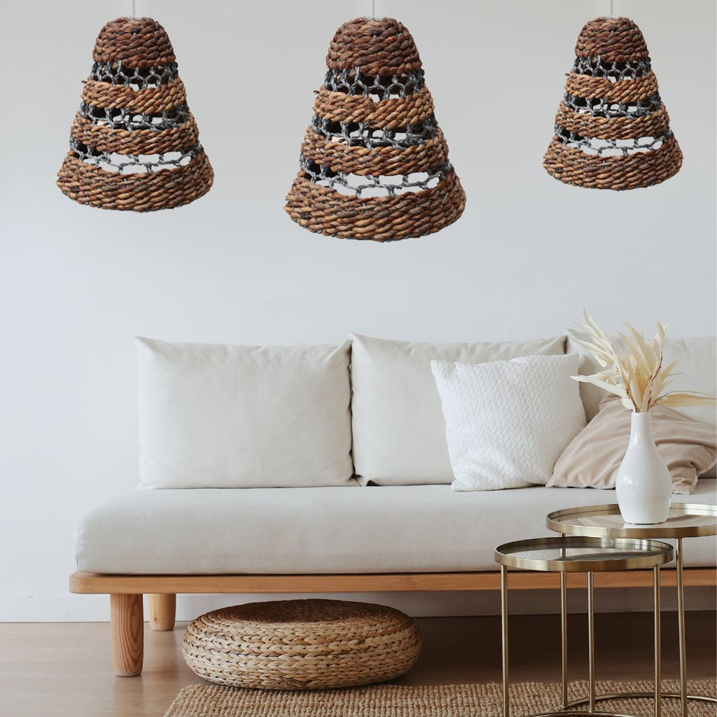 Set of 3 Natural Banana Leaf and Hitam Raffia Lamp Shades