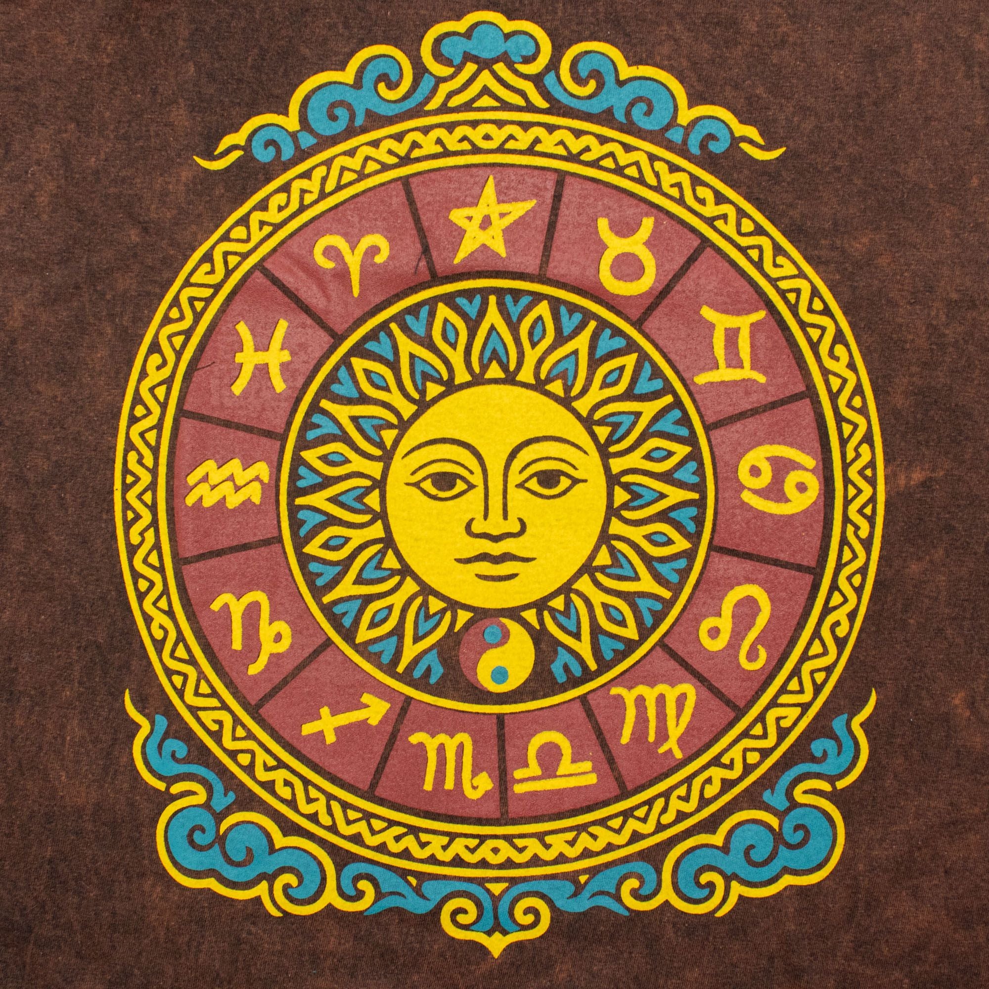 Nomad Sari Stonewashed Cotton T Shirt with Sun and Zodiac Design
