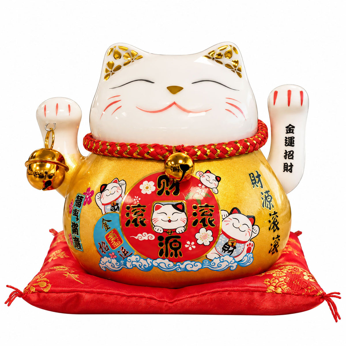 Japanese Lucky Cat Ceramic Waving Ornament on Cushion – Gold