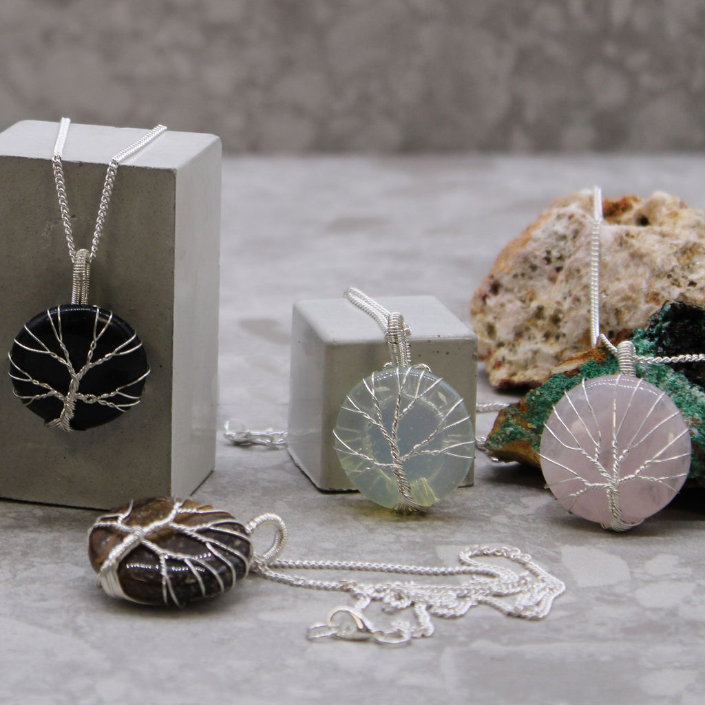 Tree of Life Gemstone Necklace with Black Onyx in Cage Design