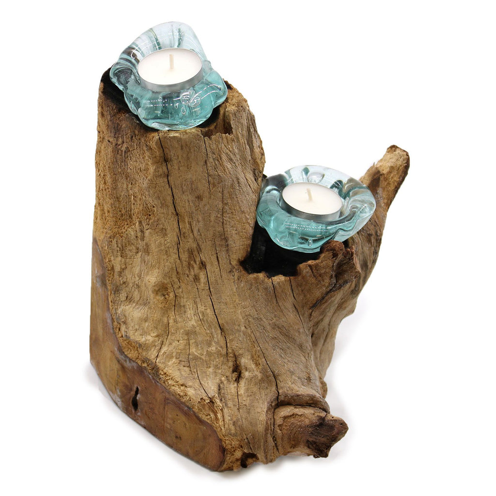 Molton Glass Candle Double Holder on Wood for Home Decor Accent
