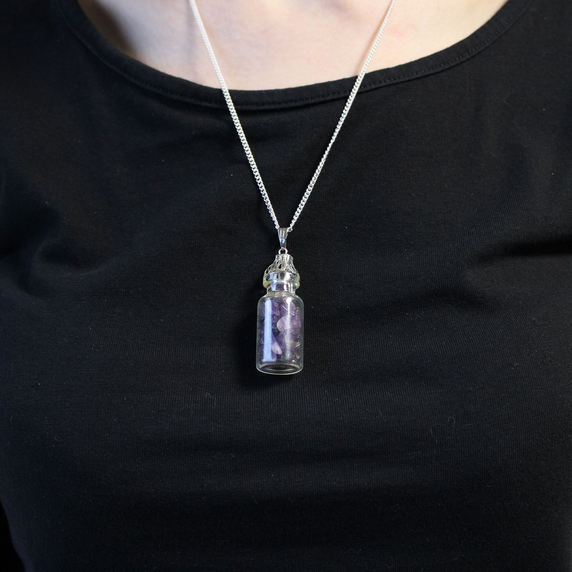 Bottled Gemstones Necklace with Amethyst Stones in Vial