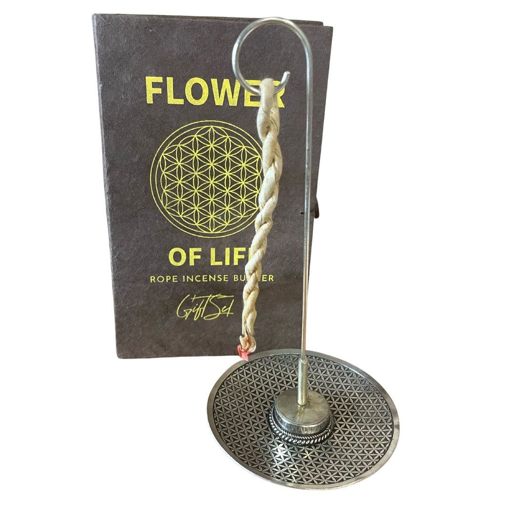 Rope Incense and Silver Plated Holder Set with Flower of Life Design