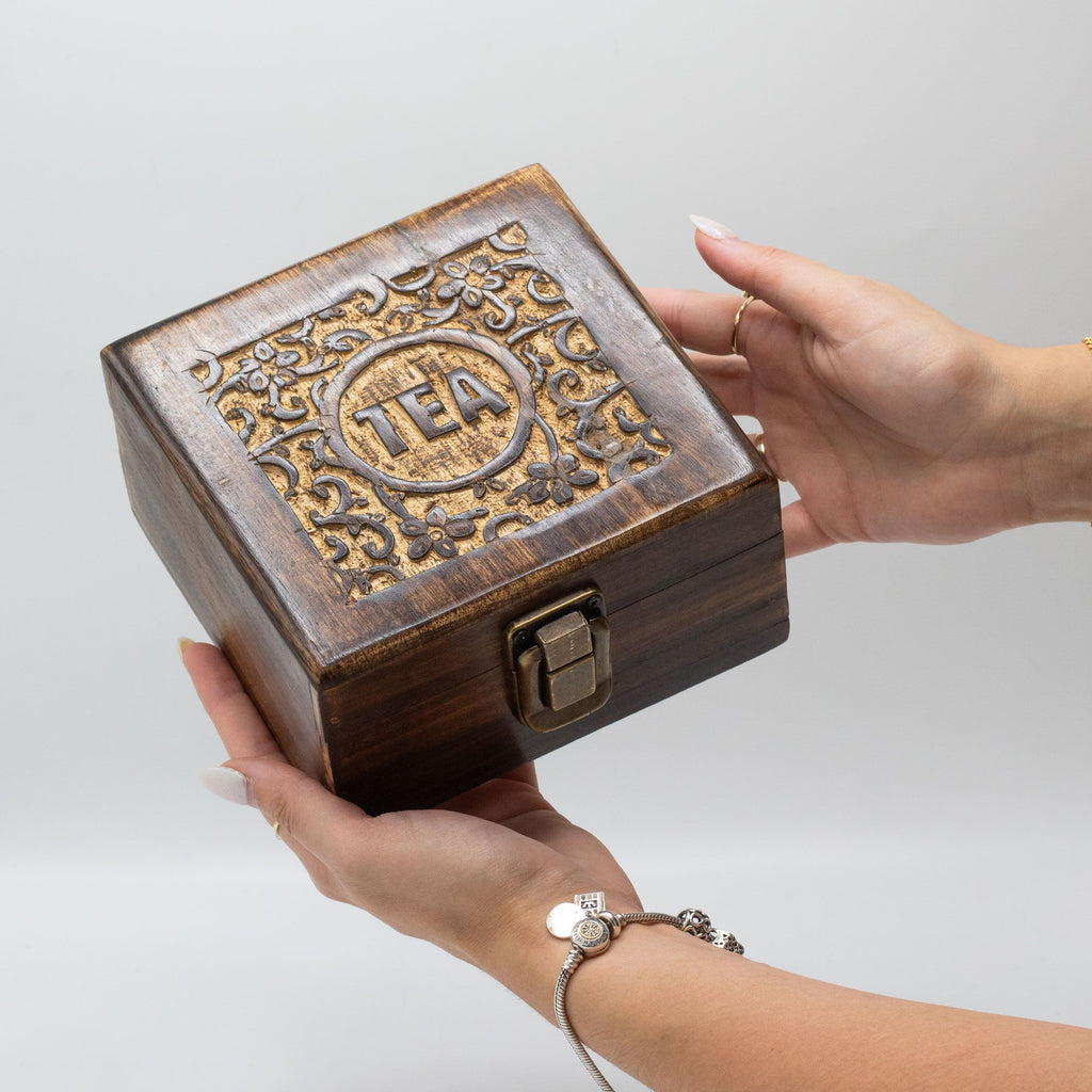 Mango Carved Tea Box with 4 Compartments for Organised Storage