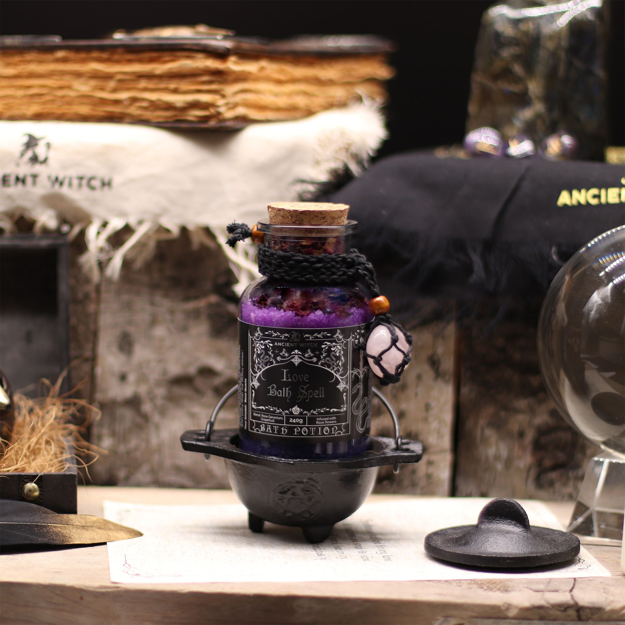 Ancient Witch Bath Spell Potion & Rose Quartz Amulet for Love