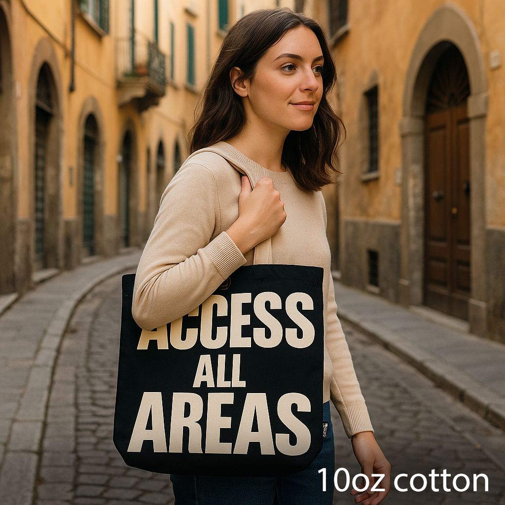 Iconic Classic Tote Bag Access All Areas in Black and Natural