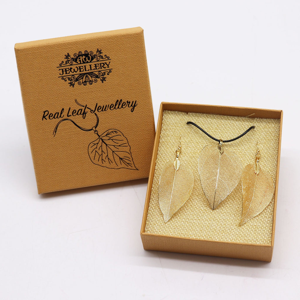 Unique Gold Leaf Necklace and Earring Set for Nature Lovers