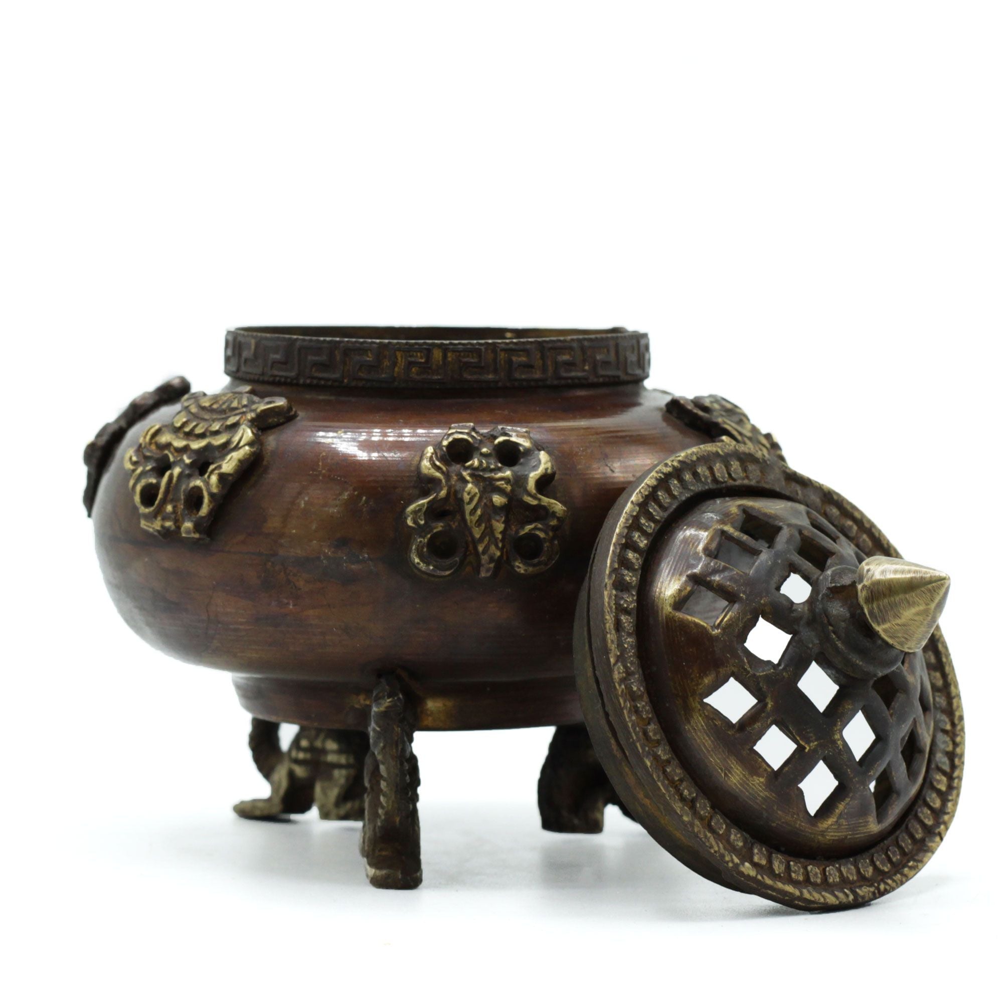 Brass Tibetan Incense Burner with Six Symbols and Dragon Feet