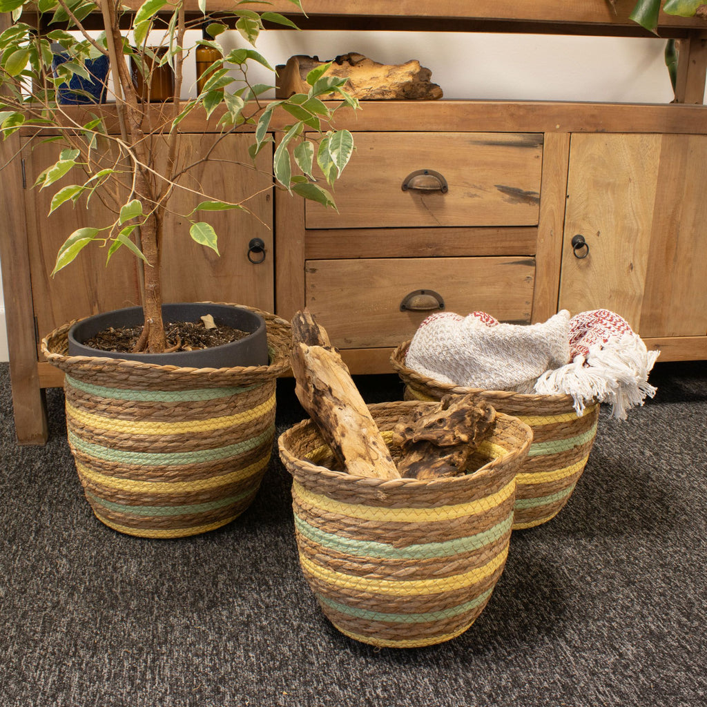 Seagrass & Straw Vase Shaped Baskets Set of 3 in Yellow & Green