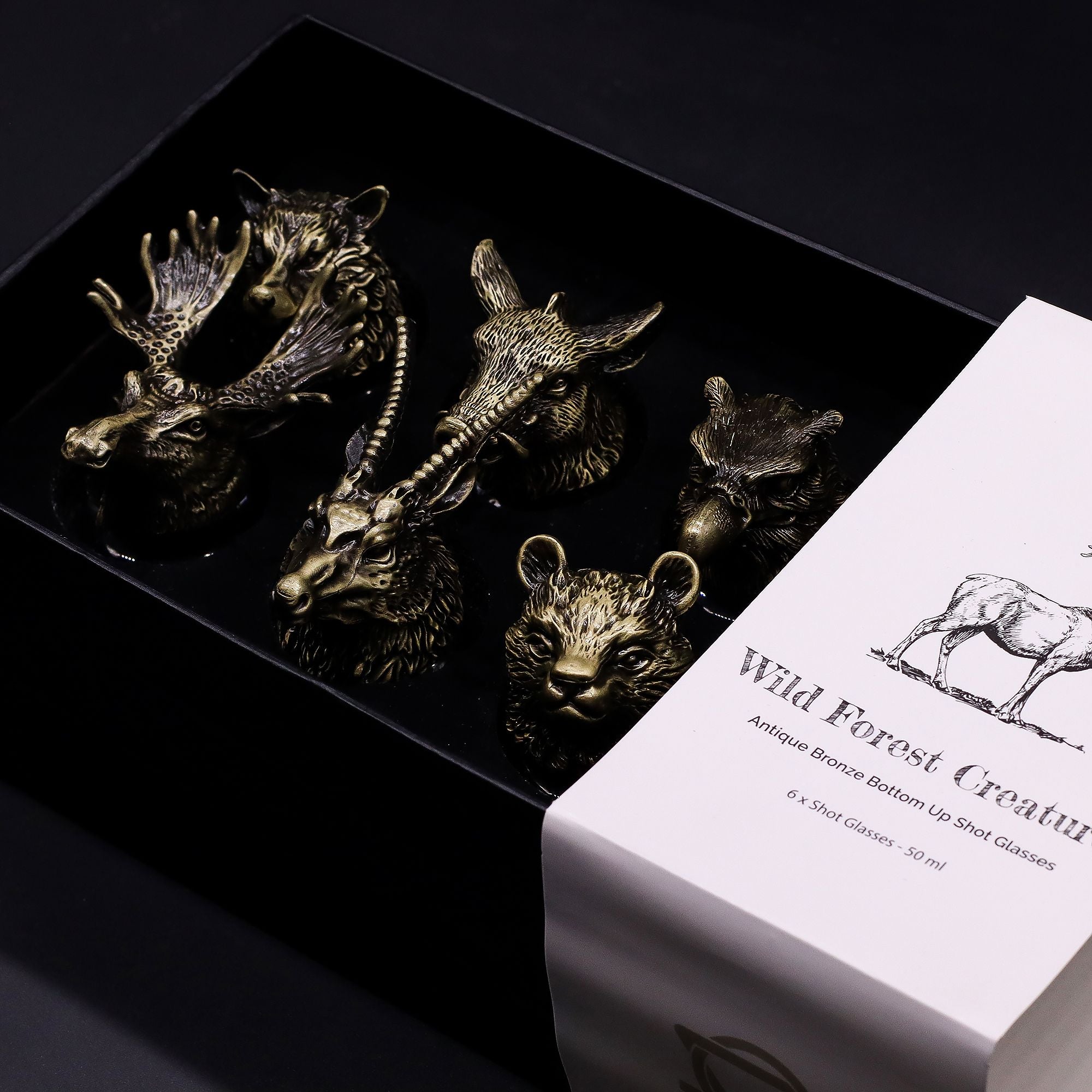 Gift Set of 6 Wild Forest Creatures Shot Glasses in Antique Bronze