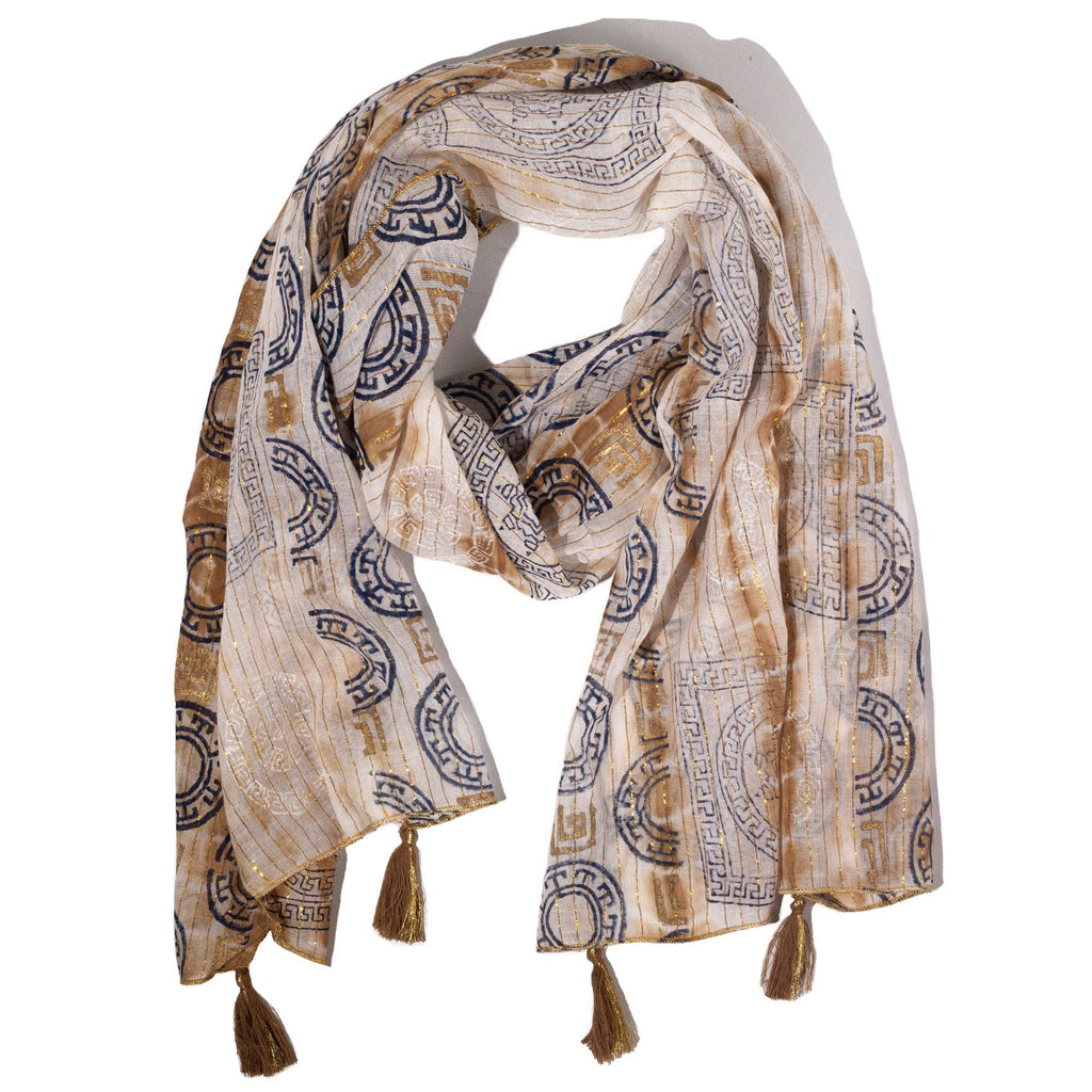 Nomad Sari Summer Marbella Print Scarf in Coffee with Gold Accents