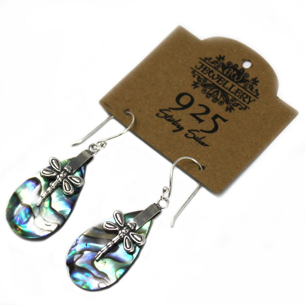 Shell and Silver Dragonfly Earrings with Abalone Detail Design