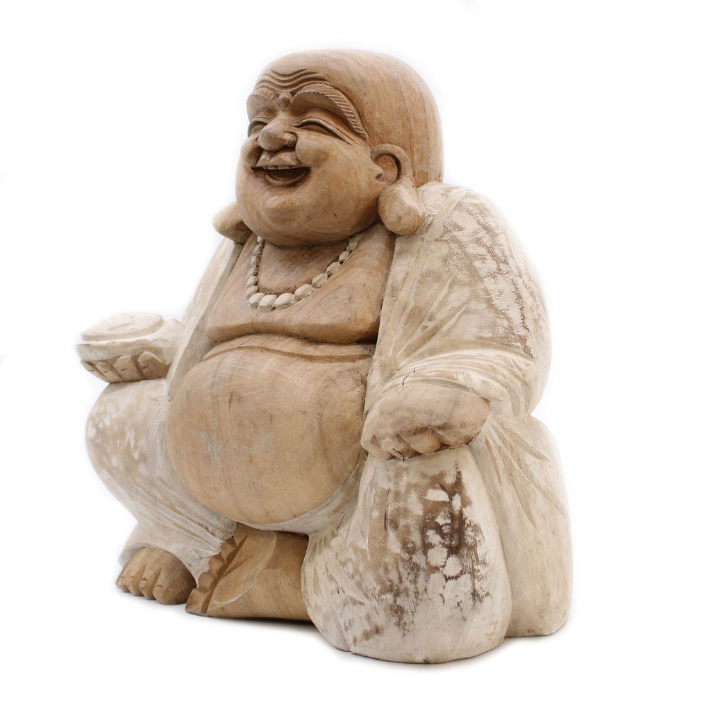 Happy Buddha Whitewash 30cm Hand Carved Decorative Statue