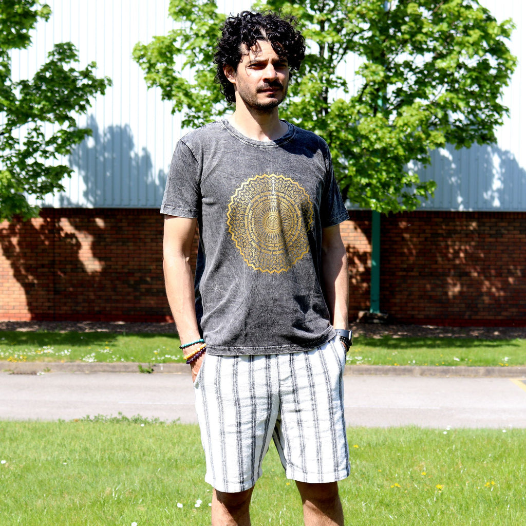 Nomad Sari Stonewashed Cotton T Shirt with Mandala Design Grey