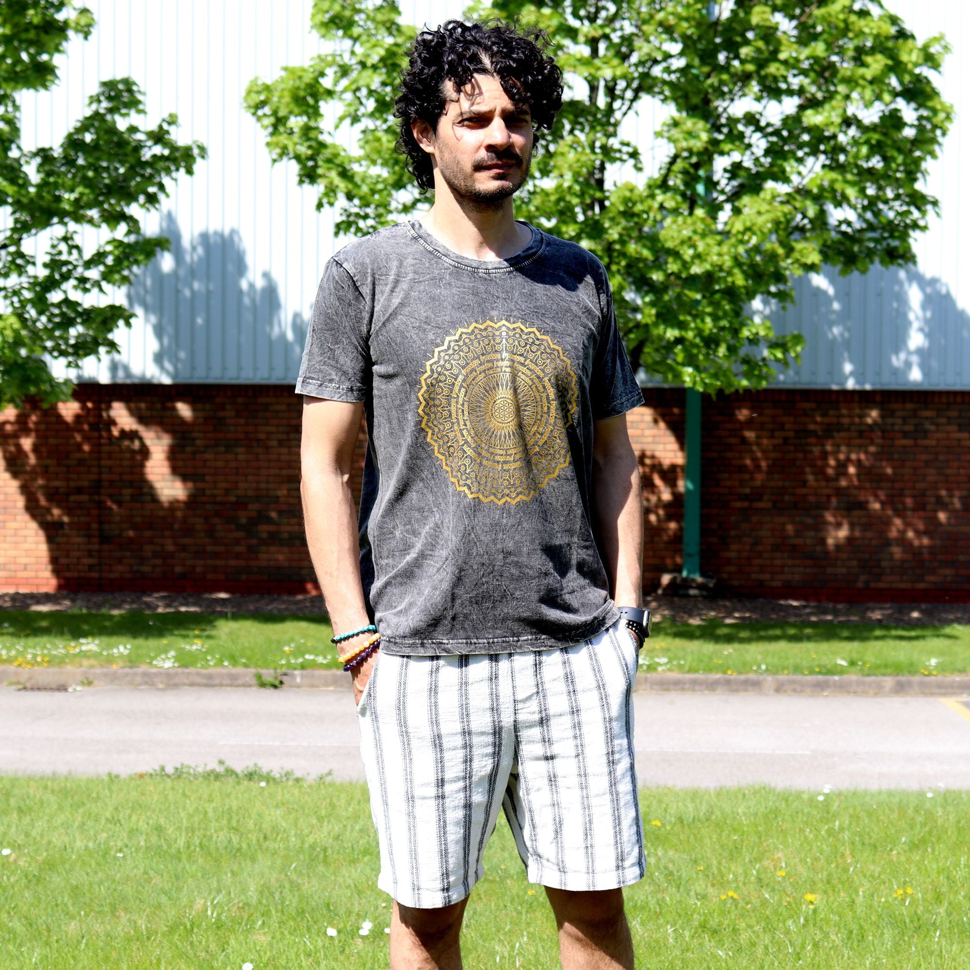 Nomad Sari Stonewashed Cotton T Shirt with Mandala Design Grey