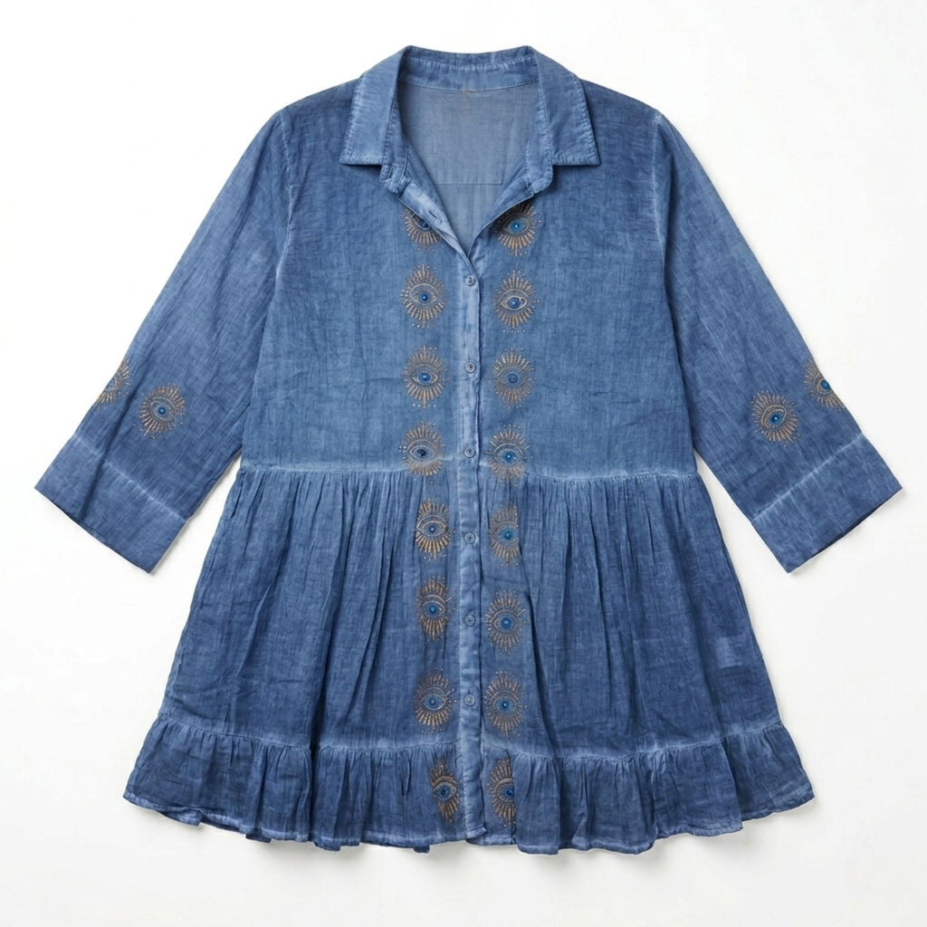 Dusky Blue Tunic Dress with Evil Eye Print for Summer Style