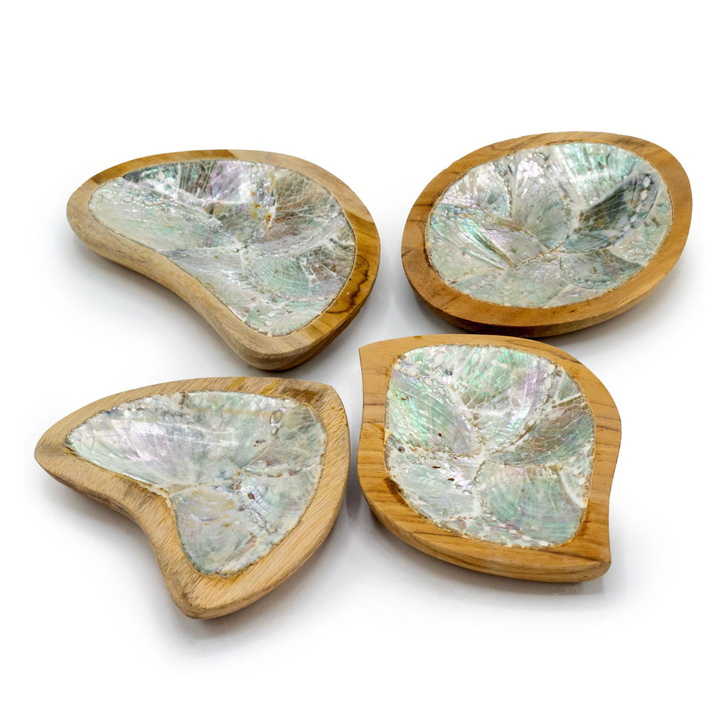 Set of 4 Teak Mini Bowls with Shell Decor for Home Display Use