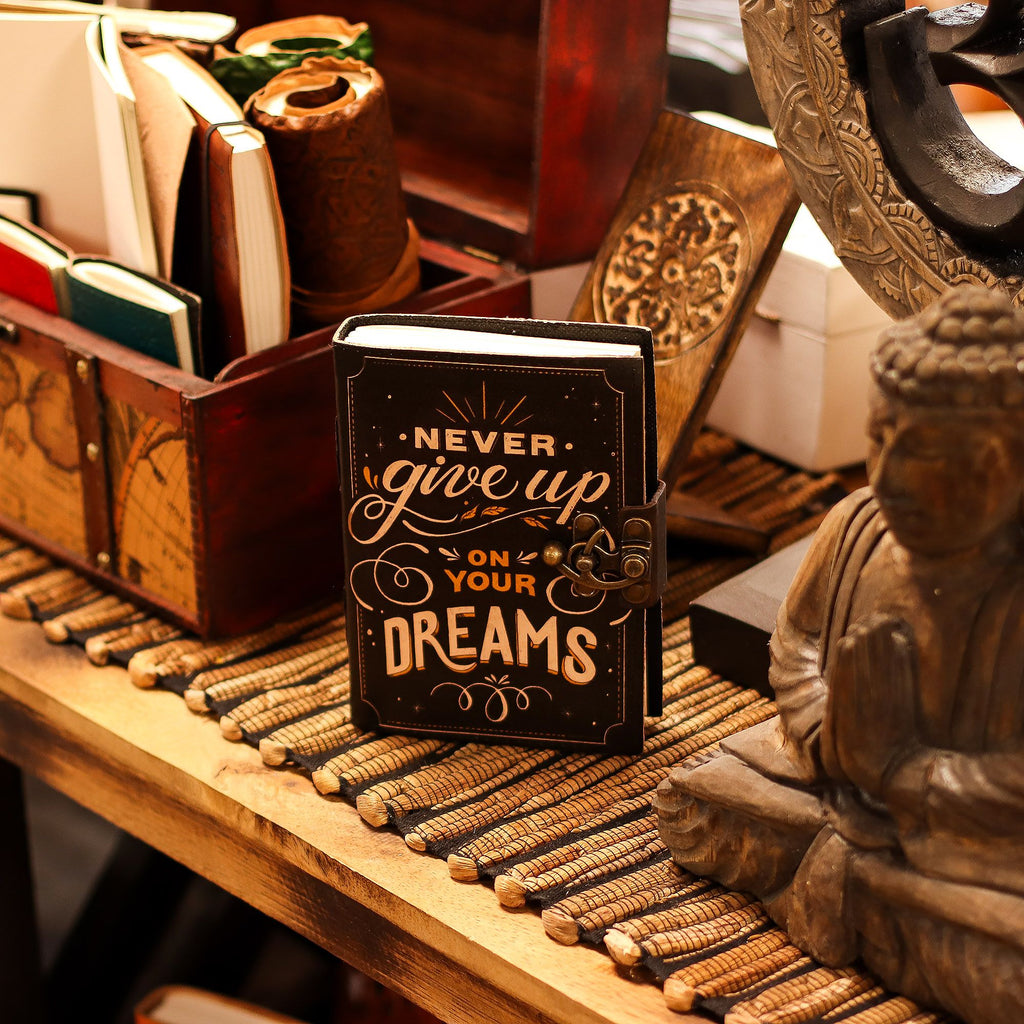 Leather Printed Notebook with Never Give Up On Your Dreams Quote